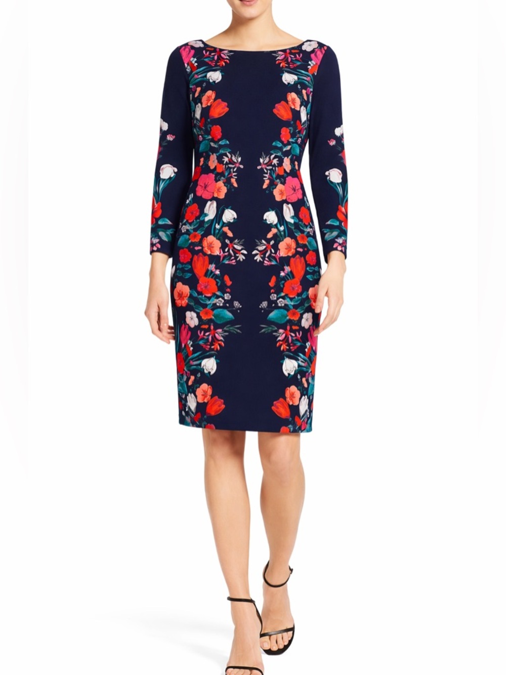Eliza J Floral Sheath Dress Women’s Size 6 Navy Long Sleeve Lined Elegant Work